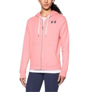 Under Armour Women’s Large Loose Fit Full Zip Hoodie Coral Pink Navy Blue Logo